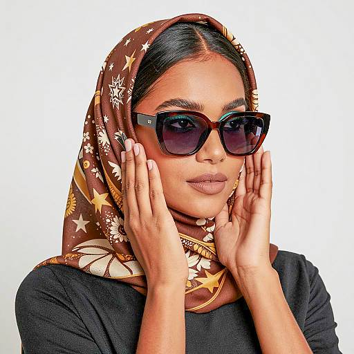 Woman in Brown Patterned Headscarf and Sunglasses