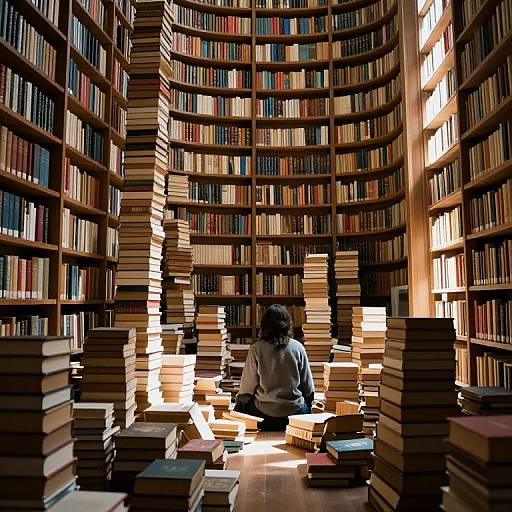 Photograph of a person with dark hair, wearing a white shirt, sitting amidst towering stacks of books in a sunlit, circular library.