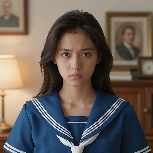 Serious Young Woman in Sailor Top