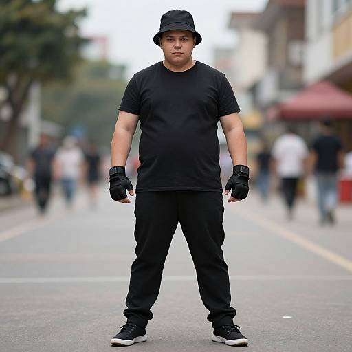 Photograph of a serious, muscular Asian man in black t-shirt, pants, gloves, and bucket hat, standing confidently on a blurred urban street.