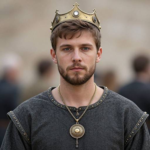 Photograph of a young, bearded man with brown hair wearing a gold crown and black medieval-style tunic with a pendant. Blurred crowd background