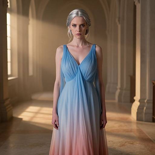 Photorealistic CGI of a pale-skinned woman with silver hair in a blue to pink gradient gown, standing in a sunlit, arched stone