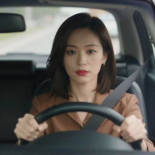 Woman Driving Car with Focused Expression
