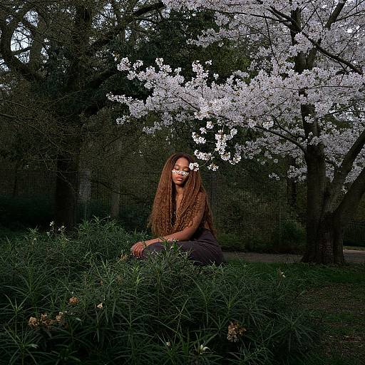 Photograph of a long-haired woman with light brown skin and brown eyes, sitting in front of a blooming cherry blossom tree, surrounded by dark green