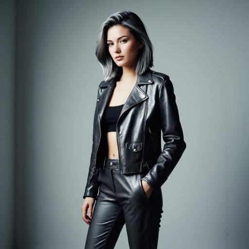 Woman with Steel Gray Hair in Black Leather Outfit Woman with Steel Gray Hair in Black Leather Outfit