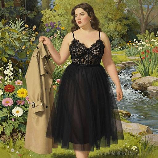 Stocky Woman in Chic Black Tulle Dress