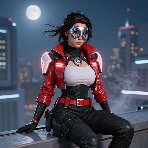 CGI image of a fierce, dark-haired woman in a red leather jacket, white top, black pants, and reflective goggles, sitting on a rooftop