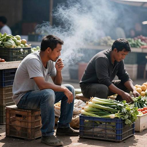Candid Market Scene with Smoky Background