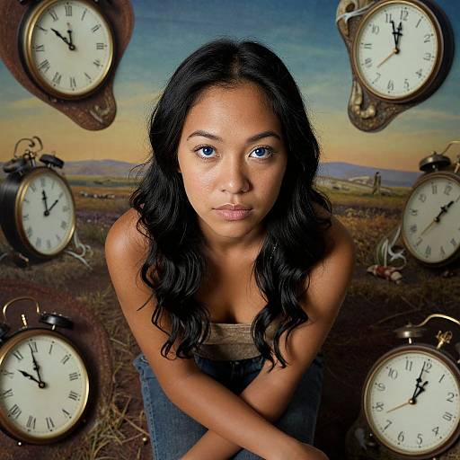 Photograph of a young Asian woman with long black hair, blue eyes, wearing a strapless top, surrounded by six antique clocks in a rural,