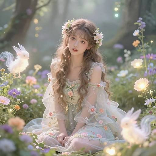 Photograph of a fair-skinned, young woman with long, wavy brown hair, wearing a floral headpiece and delicate, off-shoulder