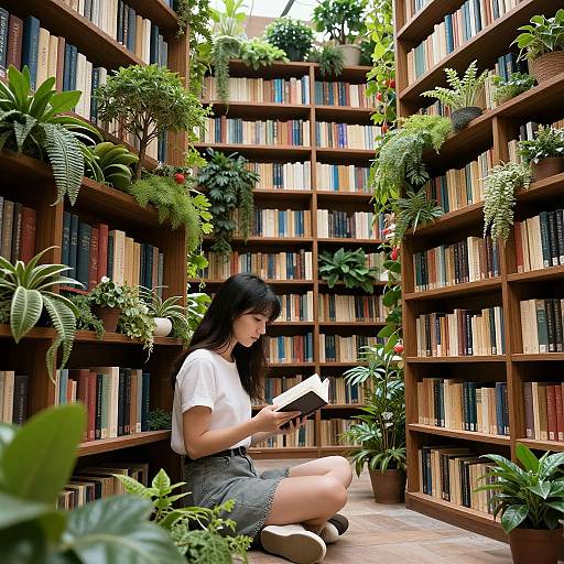 Photograph of a young woman with long black hair, wearing a white t-shirt and gray shorts, reading a book in a lush, wooden bookshelf