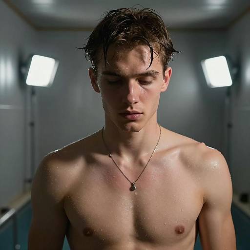 Shirtless Man in Dimly Lit Room