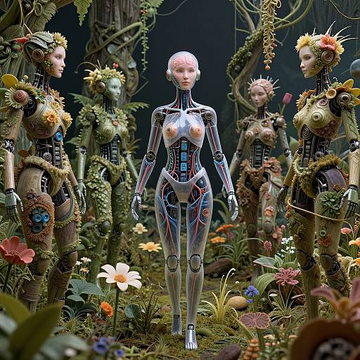 Photorealistic CGI: Central silver robot with glowing circuits surrounded by four nature-themed, flower-crowned humanoid dolls in a lush, vibrant garden setting.