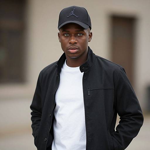 Photograph of a serious young Black man with dark skin, wearing a black cap, black jacket, and white t-shirt, standing outdoors with a blurred