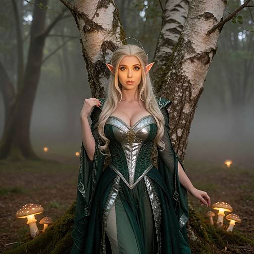 Digital fantasy artwork of a beautiful, pale-skinned, blonde elf woman with pointed ears, wearing a green, silver-embellished dress, standing