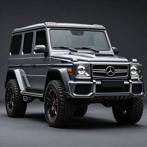 Photograph of a shiny, silver Mercedes-Benz G-Class SUV with black rims and red brake calipers, set against a dark gradient background.