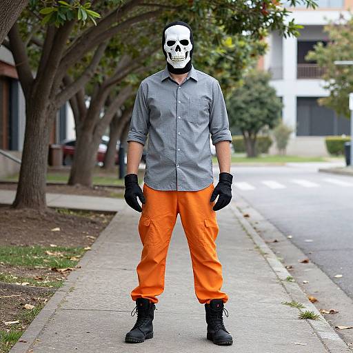 Man in Skeleton Mask on Sidewalk