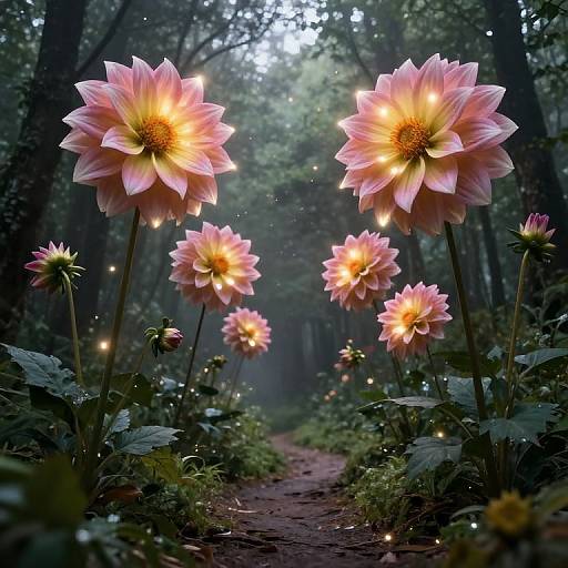 Photograph of a mystical forest path with glowing pink dahlia flowers, surrounded by ethereal fairy lights, creating a magical, enchanting atmosphere.