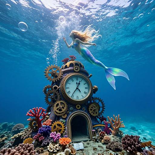 Photograph of a mermaid with flowing blonde hair swimming above an underwater clock surrounded by colorful coral and gears, surrounded by clear blue ocean water.