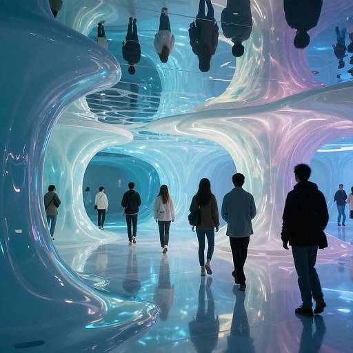 Photograph of a futuristic, glowing, blue-and-purple wavy tunnel exhibit with silhouetted people walking through, illuminated by vibrant neon lights.