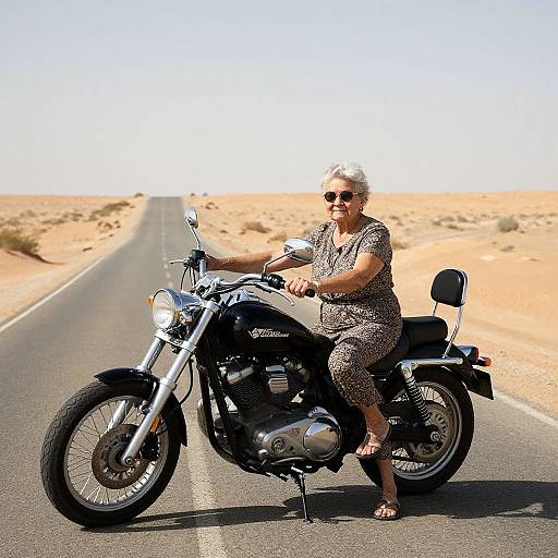 Photograph of an older woman with short gray hair, wearing sunglasses and a leopard print outfit, riding a black motorcycle on a deserted, desert road under