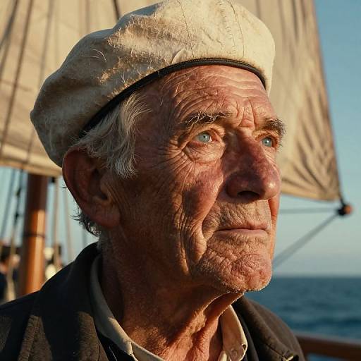 Photograph of an elderly man with wrinkled skin, gray hair, and blue eyes, wearing a white beret and black jacket, standing by a