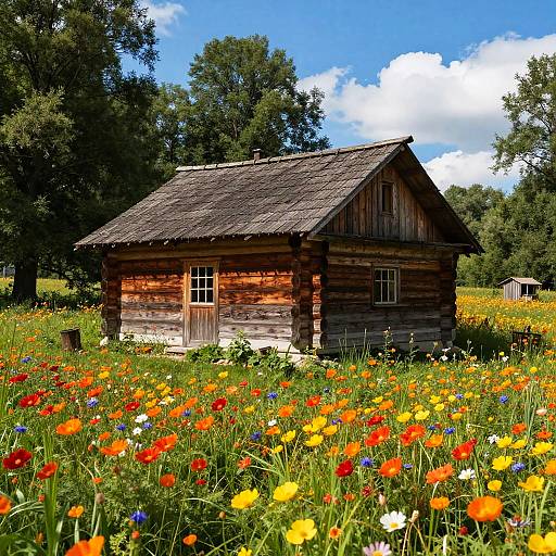 Photograph of a rustic wooden cabin with a shingle roof, surrounded by a vibrant field of colorful wildflowers under a bright blue sky.
