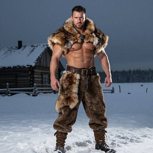 Muscular Man in Snowy Fur Cloak