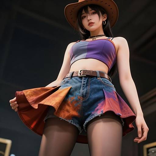 Digital art of an Asian woman in a purple crop top, denim skirt, and cowboy hat, low-angle shot, dark background.
