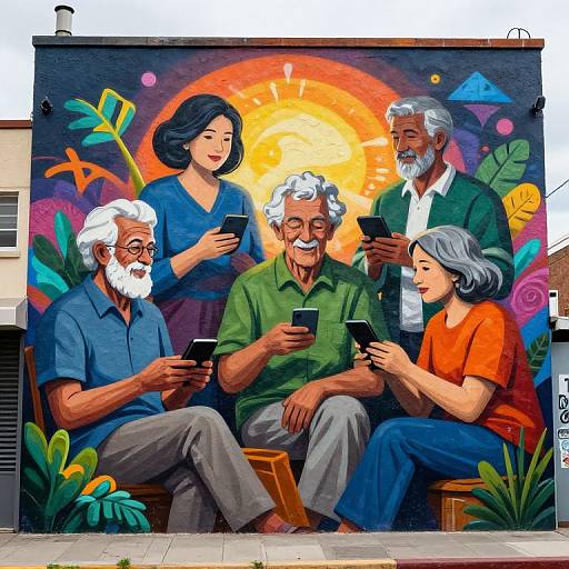 Colorful mural of five diverse seniors, three men and two women, sitting and smiling while using smartphones, with vibrant floral background.