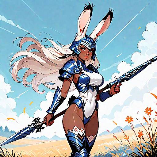 Digital art: Dark-skinned, white-haired female bunny warrior with blue armor, white leotard, holding ornate sword, standing in sunny field