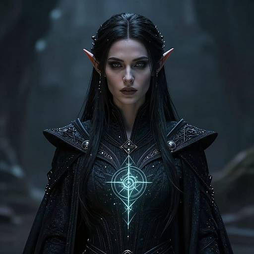 Digital fantasy portrait of a dark-haired, elf woman with pointed ears, wearing a glowing, intricate black robe in a misty forest.