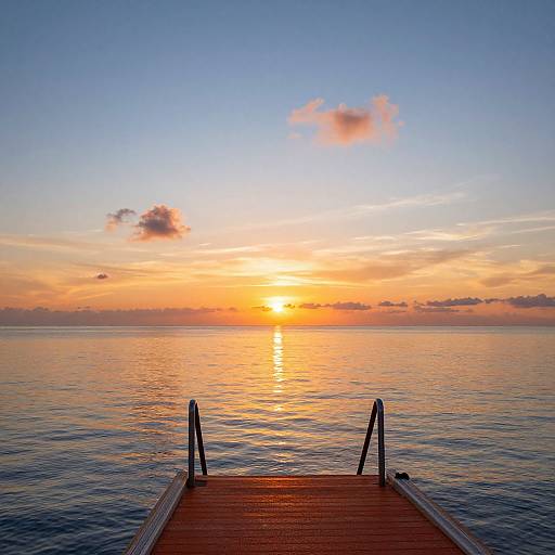 Photograph of a serene sunset over a calm lake, with a wooden dock extending into the water, silhouetted against vibrant orange and blue skies