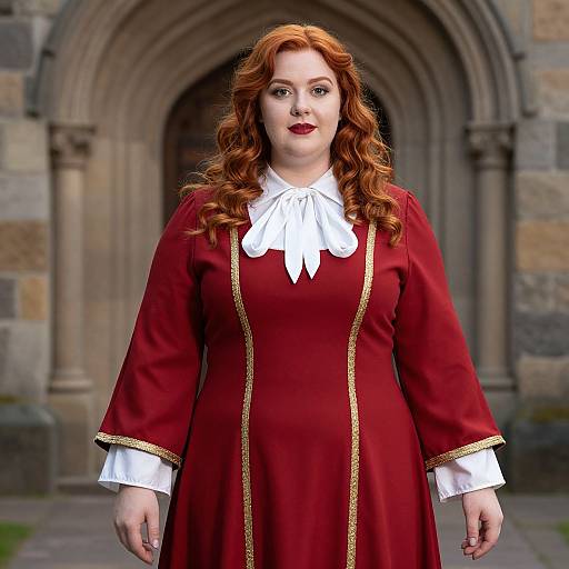 Photorealistic CGI of a fair-skinned, red-haired woman with curly hair, wearing a red medieval-style dress with white collar and gold trim,