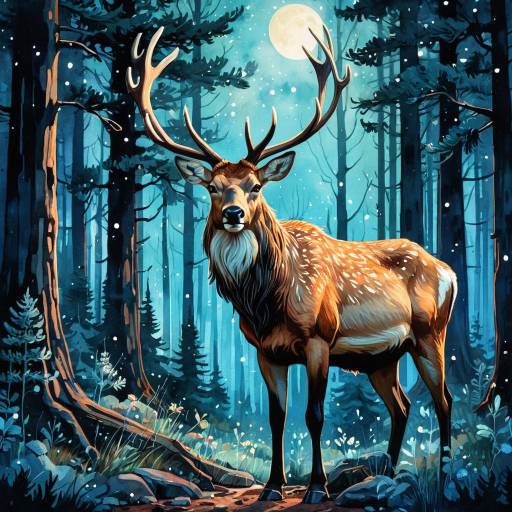 Magical Night Forest with Elks and Creatures Magical Night Forest with Elks and Creatures