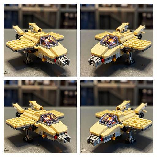 Photograph collage of four angles of a yellow LEGO jet with cockpit, transparent windshield, and detailed gray nose, on a gray surface.