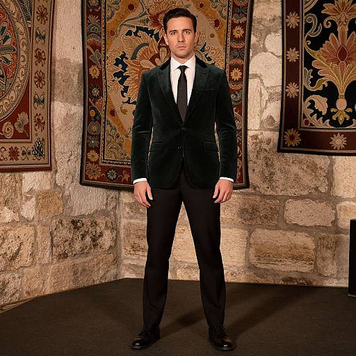 Photograph of a serious, dark-haired man in a black velvet suit with a white shirt and black tie, standing in front of ornate, pattern