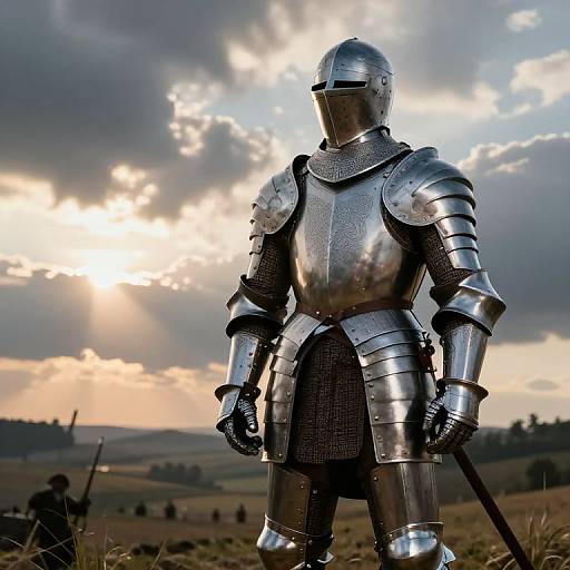 Photograph of a medieval knight in full shiny silver armor, standing in a grassy field at sunset, holding a sword, with dramatic cloudy sky and