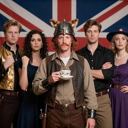 Group in Costume with Union Jack Background