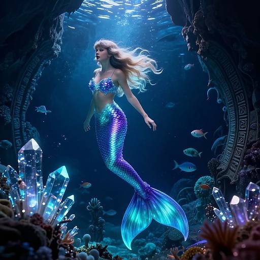 Digital artwork of a shimmering blue-purple mermaid with long blonde hair, swimming through an underwater cavern with glowing crystals and fish.