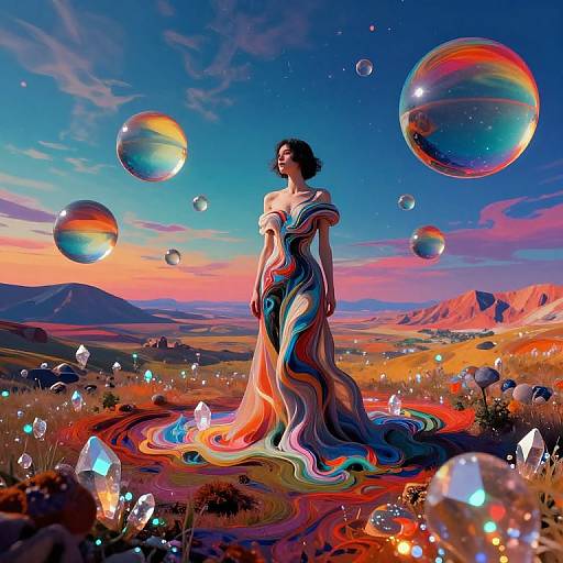 Digital artwork of a woman in a flowing, rainbow-colored dress standing in a magical field of glowing crystals and floating bubbles, under a vibrant, colorful sky