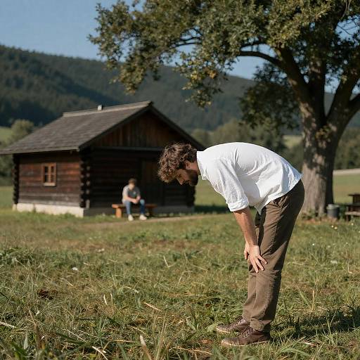 Man in Grassy Field with Wooden House