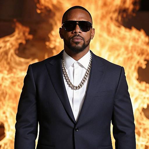 Photograph of a Black man with a shaved head, black sunglasses, black suit, white shirt, and silver chain, standing in front of intense orange