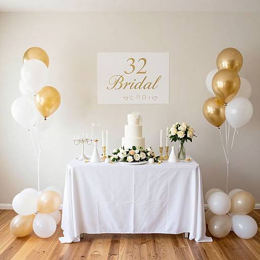 Photograph of a bridal celebration setup: white tablecloth-covered table with cake, flowers, champagne, gold and white balloons, and 