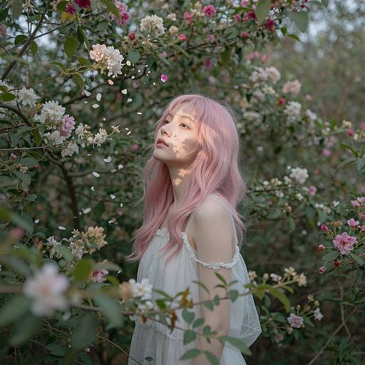 Photograph of a young woman with pink hair, wearing a white, off-the-shoulder dress, standing in a lush, blooming rose garden