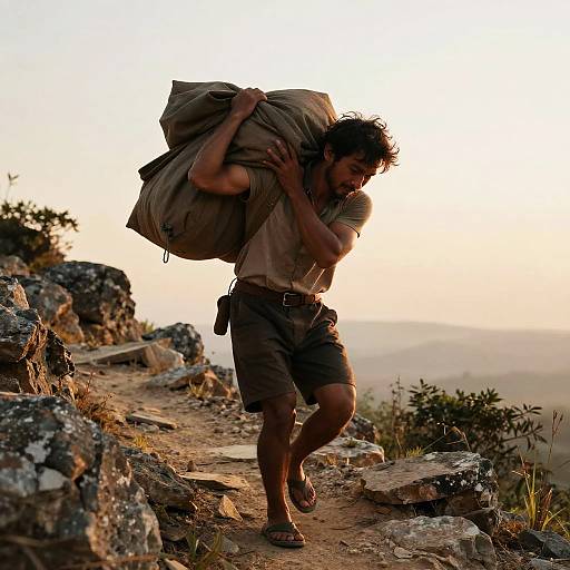 Man Struggling Uphill with Heavy Load