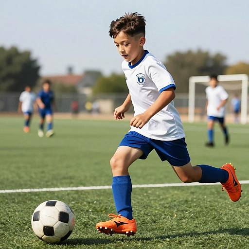 Photograph of a young boy with short brown hair, wearing a white soccer jersey, blue shorts, and orange cleats, dribbling a black-and