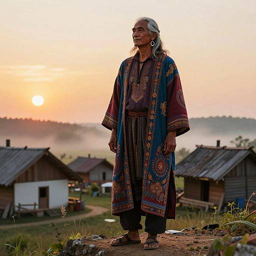 Photograph of an elderly woman with long white hair, wearing traditional, patterned blue and brown robes, standing at sunset in a rural village with rustic