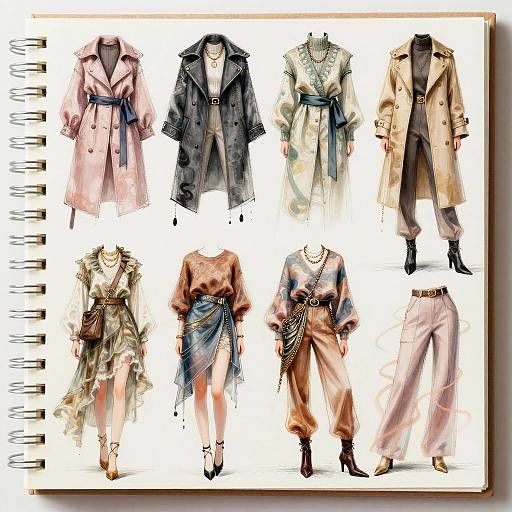 Fashion sketch collage: eight stylish coats and outfits, varied textures and colors, including pink, beige, and patterned fabrics, with accessories.
