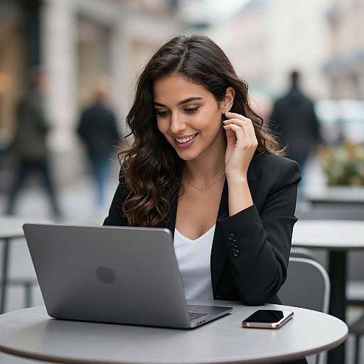 Photograph of a smiling brunette woman with wavy hair, wearing a black blazer and white top, using a laptop at an outdoor café. Bl